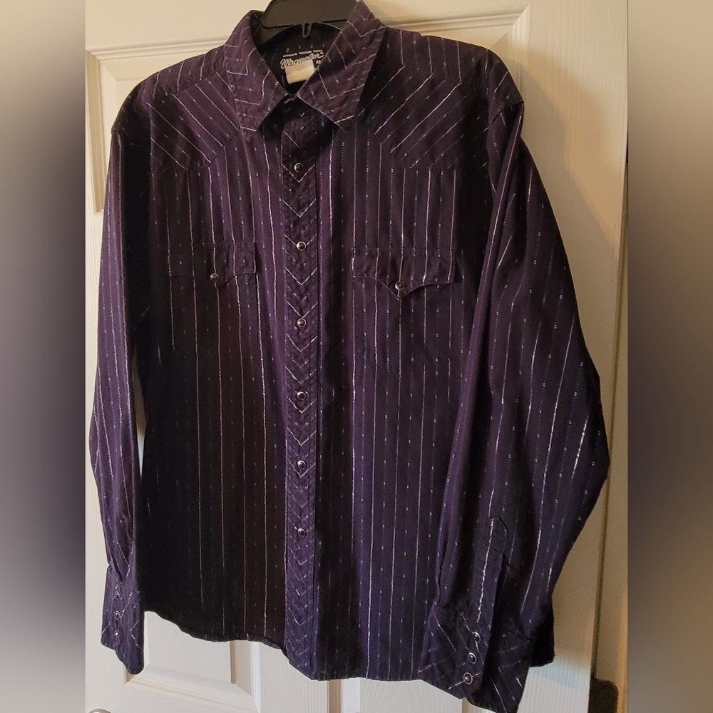 Wrangler Black/Blue Striped Casual Pearl Snap Button Down Shirt